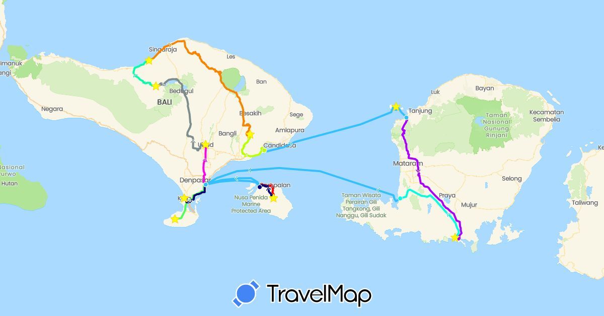 TravelMap itinerary: driving, boat, voiture 1, voiture 2, voiture 4, voiture 5, voiture 6, voiture 7, voiture 8, voiture 9, voiture 10 in Indonesia (Asia)